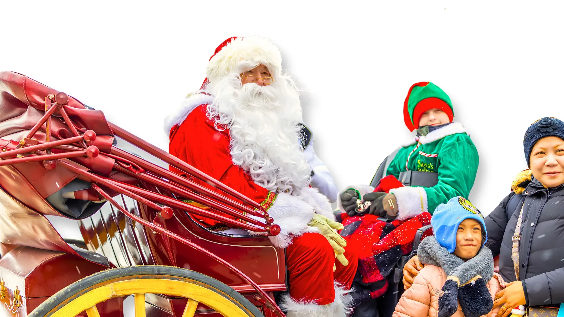 blue mountain santa 2026 Santa Claus and an elf with families in a sleigh at Blue Mountain