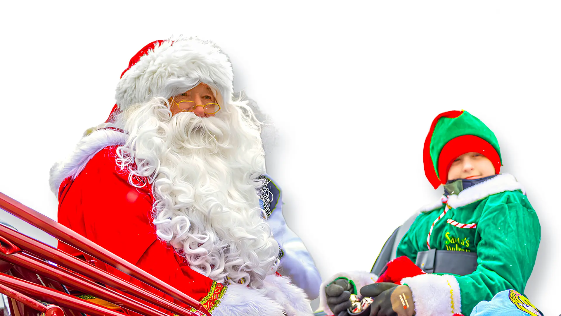 santa 2027 Santa Claus and an elf riding in a sleigh